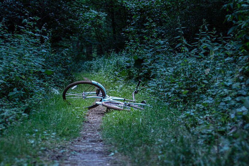 Fiets ligt op een verlaten bospad.